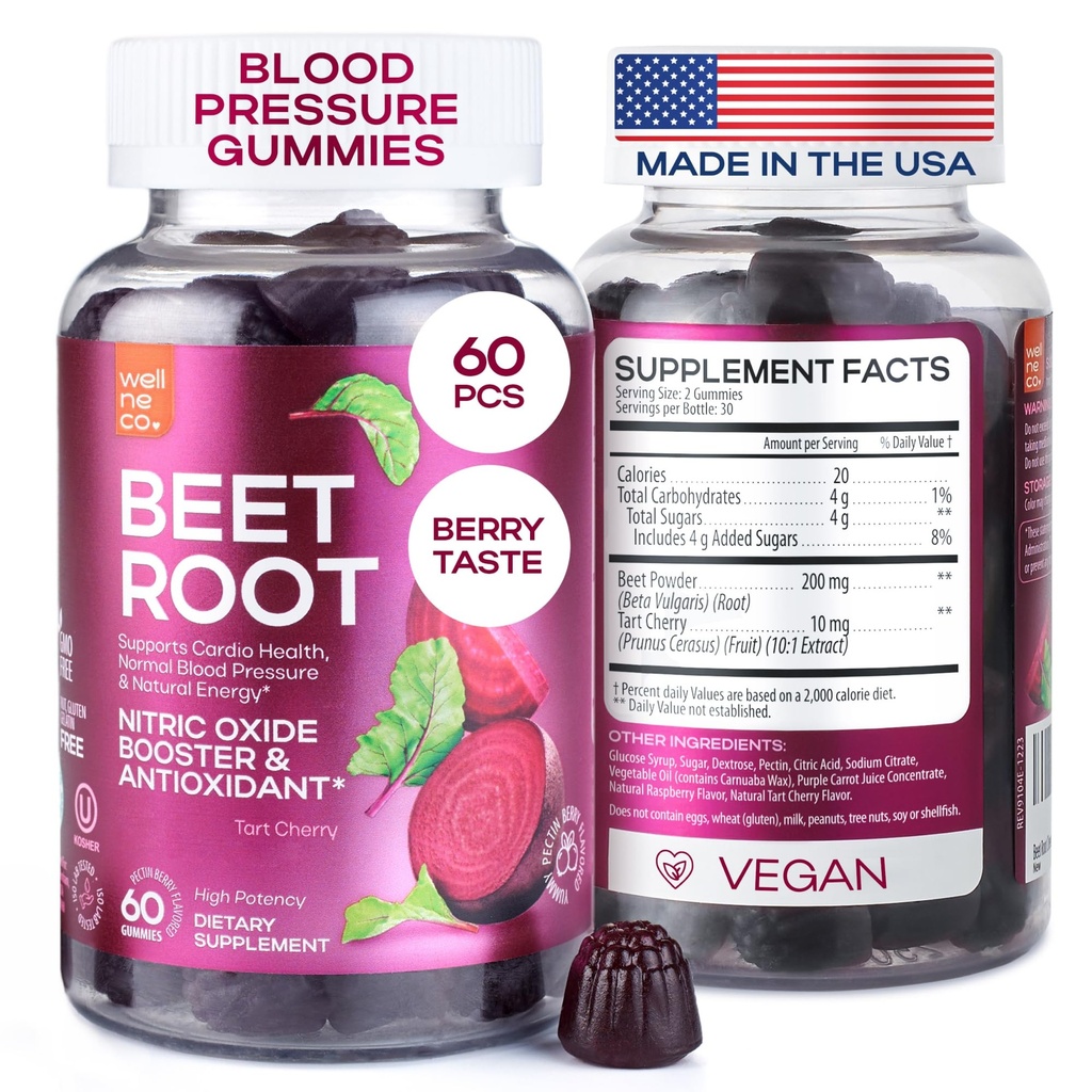 Beet Chews for High Blood Pressure - Beet Root Gummies Made in USA kanssa Tart Cherry - typpioksidi täydentää energian ja Cardio Health - Vegan, Ei GMO, Pectin Based - naisten ja miesten 60 kpl