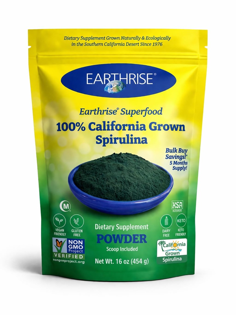 Earthrise Spirulina Natural Powder 16oz, Natural Premium Spirulina alkaen Kalifornia-Vegaani, Gluteeniton, Keto Friendly, Non -GMO Super Food korkea vitamiinit ja mineraalit. (1 LB)