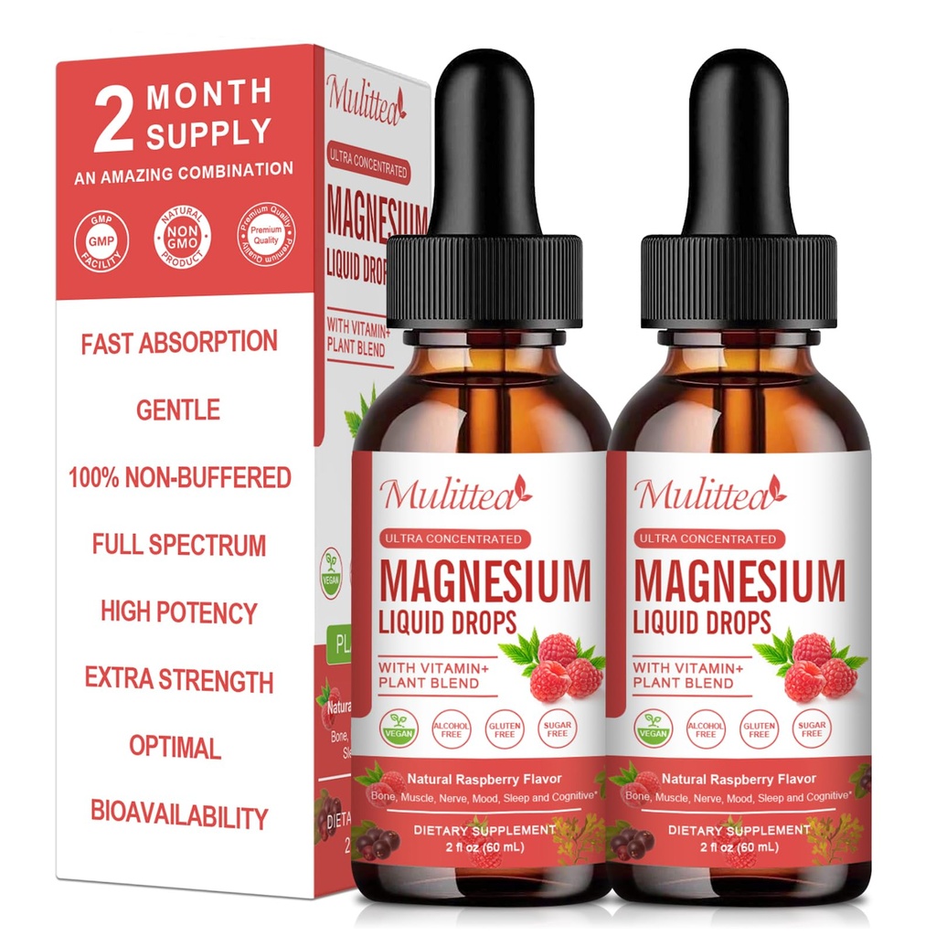 Magnesium Glycinate Liquid Drop - Triple Imeytyminen täydentää tukea Nerves, uni, rauhallinen, sydän, lihakset * - Sokeriton kaliumin, L-Theaniini, Meri Moss, B-vitamiini, C, D3, K2-2Pack