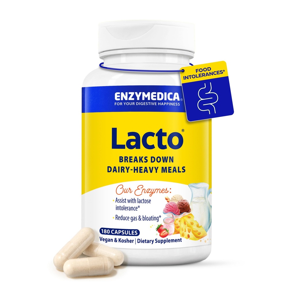 Enzymedica Lacto, Advanced Lactase Pills for Dairy Support, Helps Break Down Laktoosi, Kaseiini ja rasva, Dairy Relief Pills, Vegan, 180 kapselia