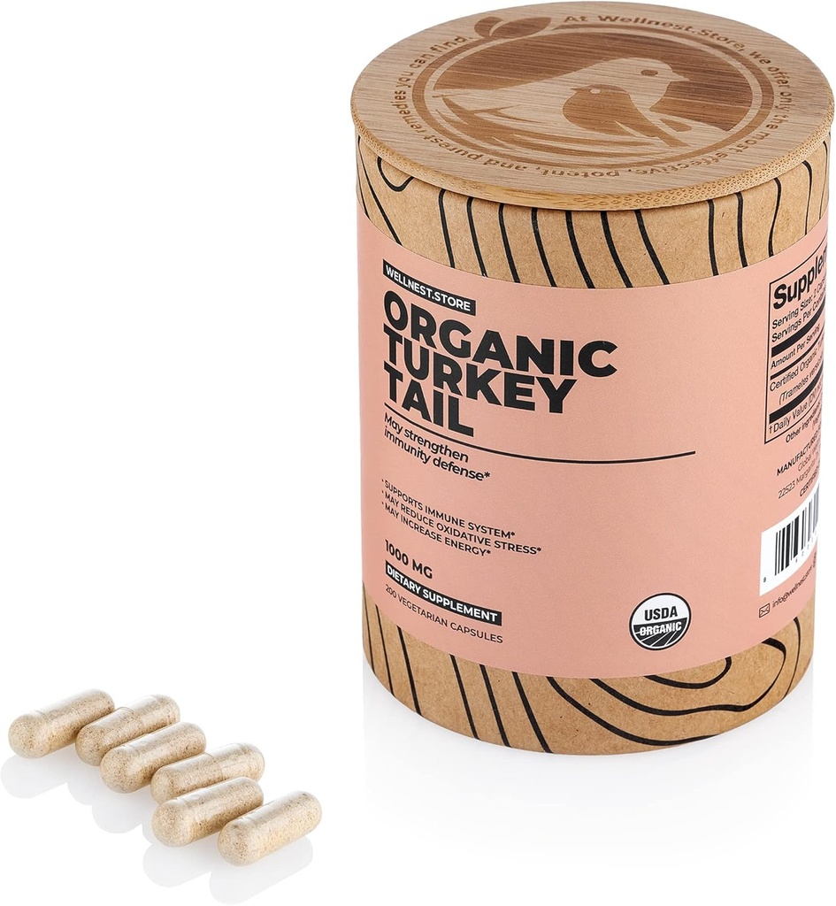 Wellnest. Store Turkey Tail Organic Mushroom (Trametes Extract) 200 Veggie Caps - Immune Support Supplement; främjar tillväxten av fördelaktiga bakterier i The Gut + Boosts Energy