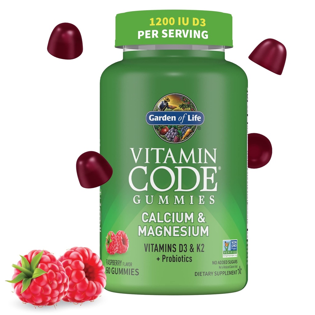 Life-vitamiini koodi Kalsium Magnesium Gummies D3 & K2, tukee luun terveys ja luun vahvuus + prebiootit ja probiootit digestiivinen tuki, ei-GMO, Gluteenittomat, 60 vadelma Gummies