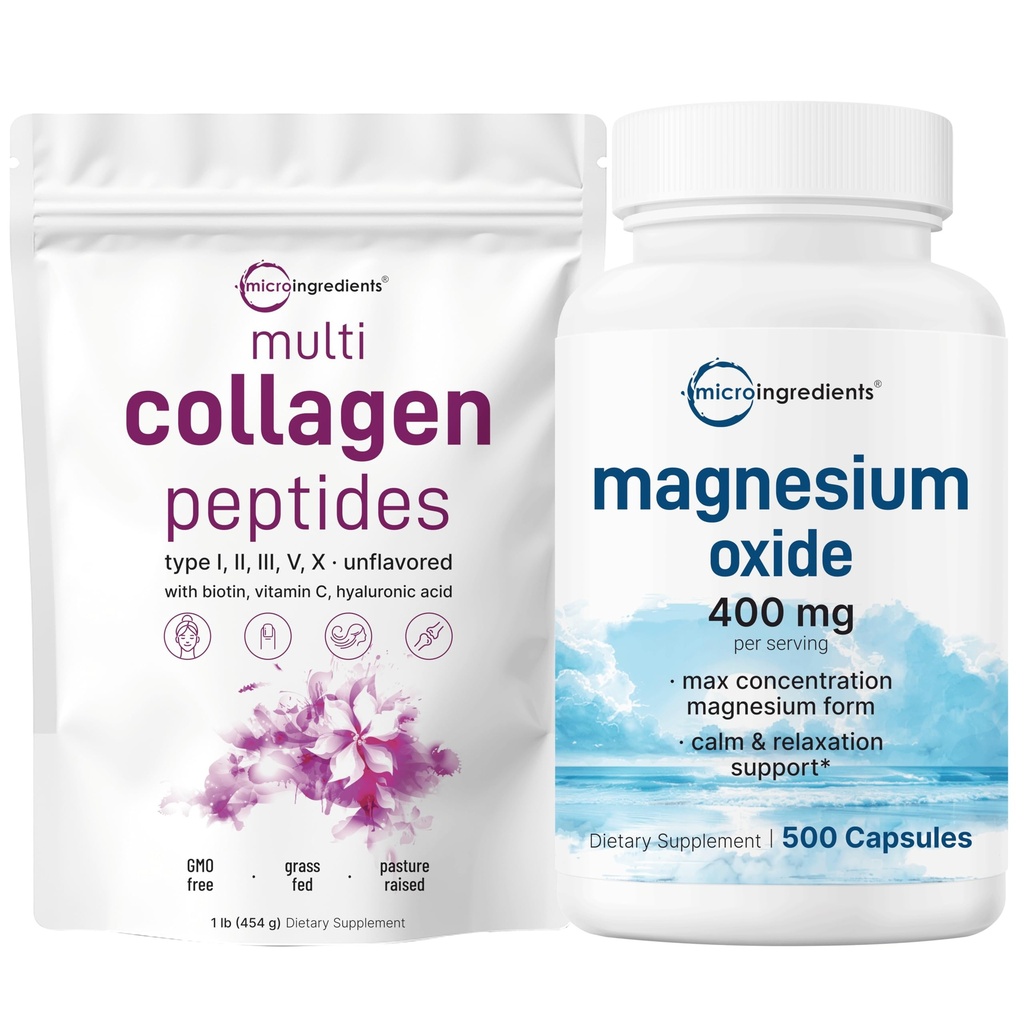 Micro Ingredients Multi Collagen Protein Powder 16oz & Magnesiumoksidi 400 mg Bundle Pack