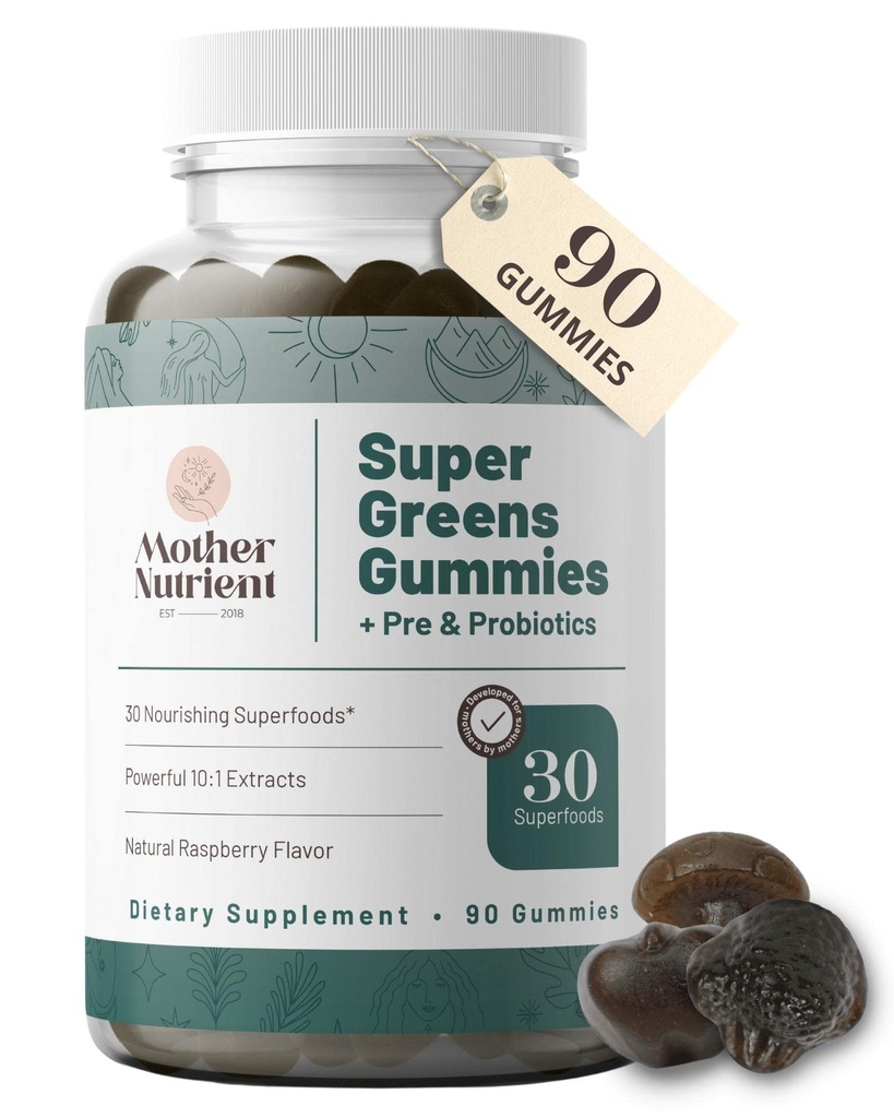 Super Greens Gummies naisille, aikuisille - Prebiootit & Probiootit, Ei 8, mutta 30 Tehokas Greens Superfoods - Multivitamiini kasvispurukumia (90 Gummies)