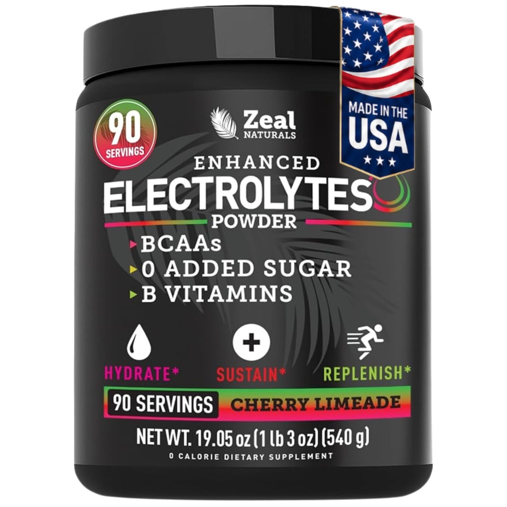 Zeal Naturals Electrolyte Powder Recovery Drink (90 portioner | Cherry Limeade) w 0 Sugar +BCAAs +B-Vitamins Electrolyte Supplement w Potassium Zinc & Magnesium för Hydration - Keto Electrolytes