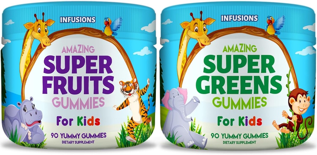 Infuusiot Super Fruit and Super Green Gummies for Kids 180 Count Superfood Blend Soft and Delicious Gluteenittomat Ei GMO:ita