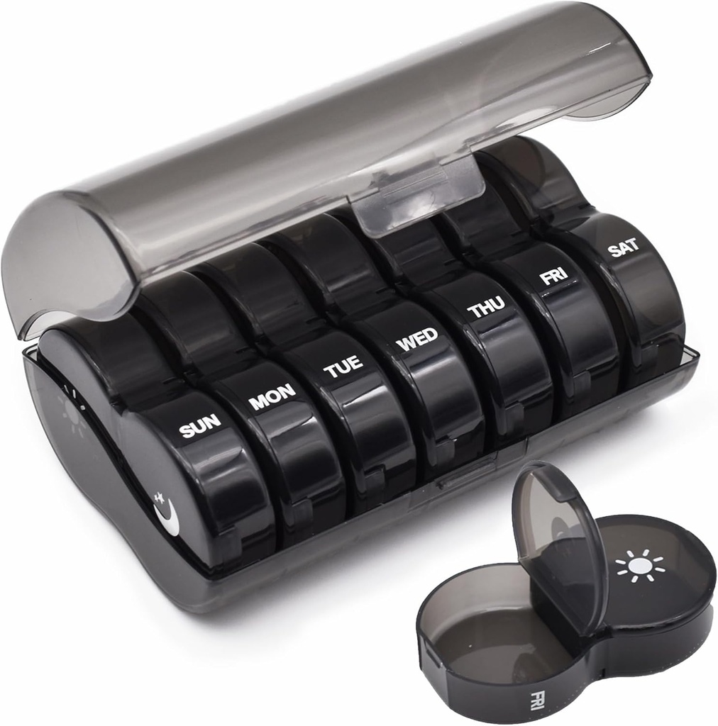Viikoittain pilleri Organizer, Suuri 7 päivän pilleri tapauksessa, Päivittäinen vitamiini tapauksessa Lääkelaatikko, AM / PM pilleri säiliöt lääkkeiden täydentää kalaöljy (musta)
