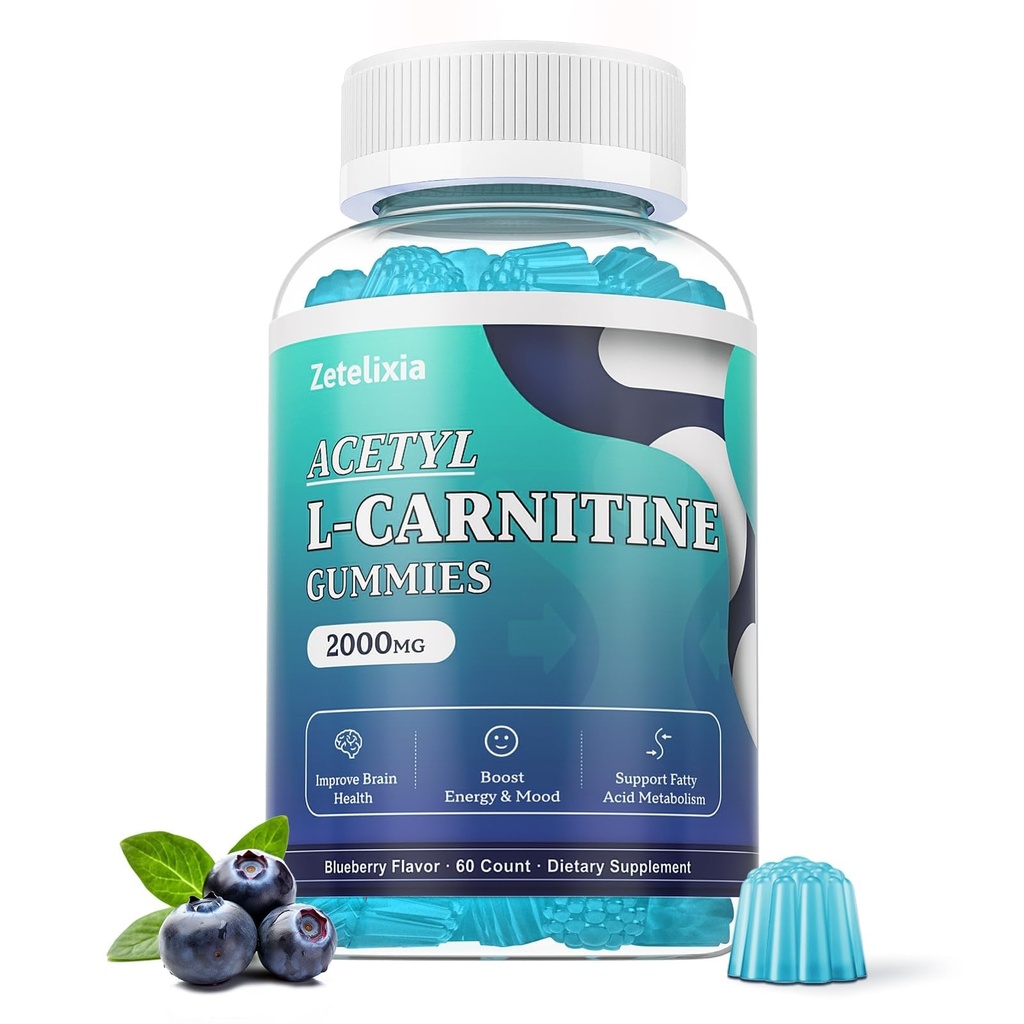 Sokeriton asetaatti L-karnitiini Gummies, L-karnitiinilisä naisille ja miehille, C-vitamiini ja B12-vitamiini, ALCAR energialle, aivojen ja sydämen terveystuki, vegaaninen, muu kuin GMO, 60