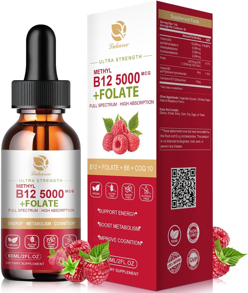 Lukaree-vitamiini B12-sublingual drops Vegaani B12-vitamiinit neste-full Spectrum-Metyylikobalamiini, adenosyyli- ja hydroksi-B12-vitamiini, energia, keskittymiskyky, mieliala- ja immuunituki- 2 kuukauden tarjonta, 2 fl oz