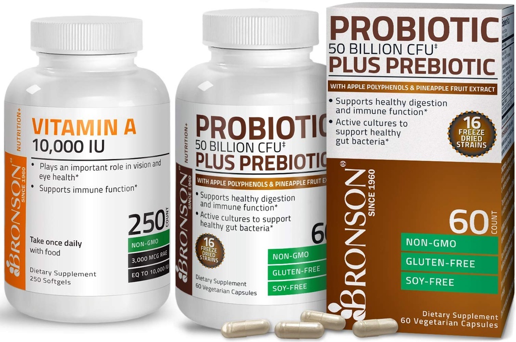Bronson Probiootti 50 miljardia PMY + Prebiootti omenapolyfenolien ja ananaksen hedelmäuute + A-vitamiini 10 000 IU Premium non-GMO Formula