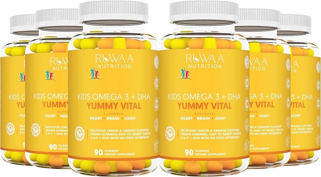 Ruwaa NUTRITION Kids Omega 3 Gummies DHA EPA Omega 3 täydennysosa Lapset. No Fish Oil After-Taste Vegan Omega 3 6 9 + DHA Gummies & C-vitamiini. Kognitiivinen terveys, keskittyä, visio. Lapset Omega 3 540ct (6)