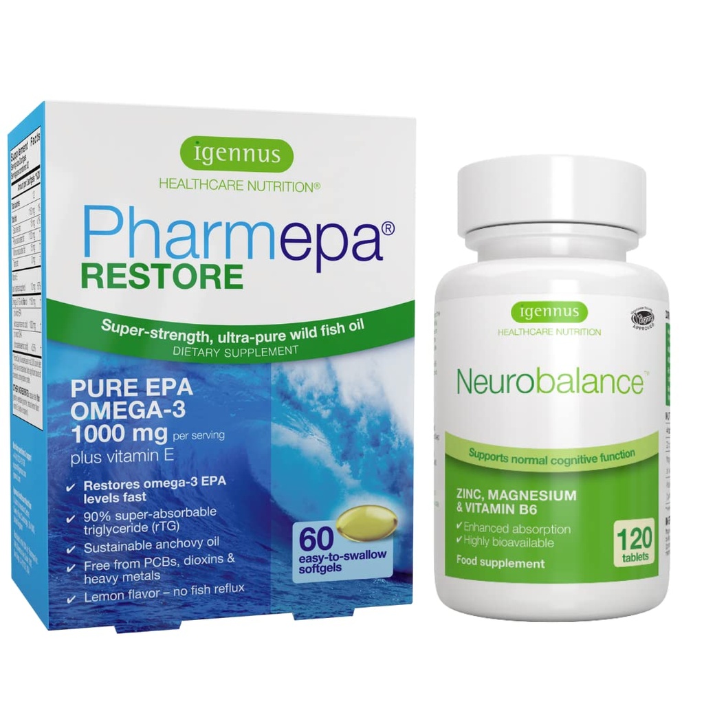 Igennus Pharmepa Restore EPA + Neurobalance Zink, Magnesium & Vitamin B6 Mood Health Bundle för uppmärksamhet och fokus