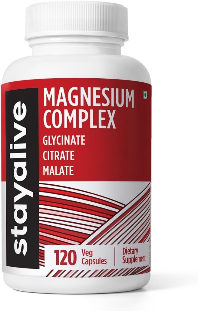 STAY ALIVE Triple Magnesium Complex Supplement 500 mg, kelated Glycinate, Citraatti & malaattijauhe, suuri imeytyminen Magnesium naisille ja miehille, 120 pilleriä, ei- gammageeninen & Gluteeniton kapseli