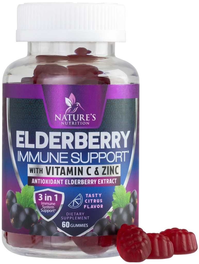 Immuunituki Gummies - Sambucus Elderberry Gummy kanssa Elder Berry Extract, Sinkki & C-vitamiinia, Luonnollinen Vegaani Immuuni Tuki täydentää aikuisille & lapsille, Gummy Elderberry vitamiinit - 60 Gummies