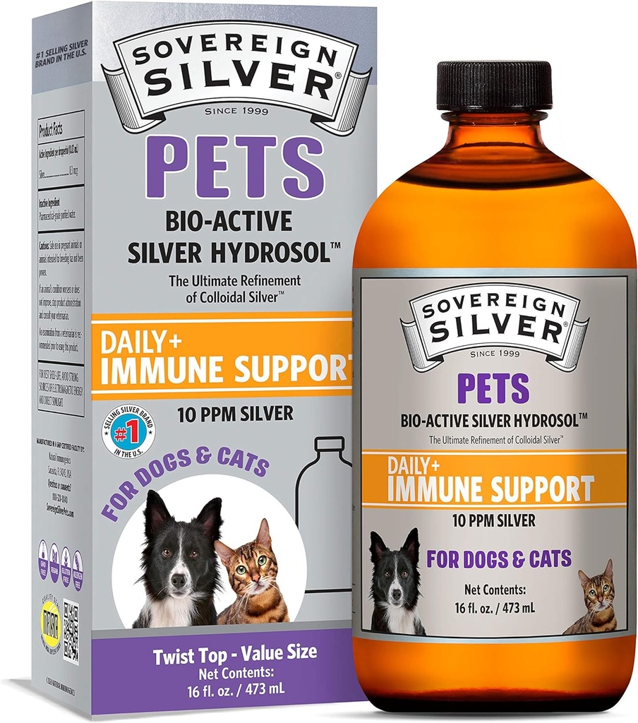 Sovereign Silver Lemmikit Immuunituki - Kolloidinen hopea, Bio-Active Silver Hydrosol, koirille ja kissoille, 10 ppm, Liquid Twist Top, 16 Fl Oz, (473 ml)