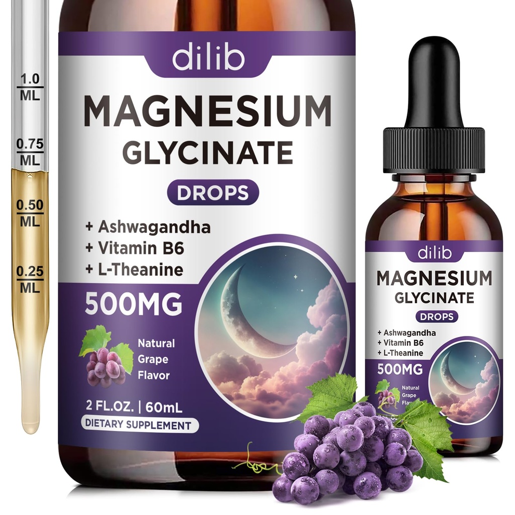 Magnesium Glycinate Liquid Drops 500mg, jossa on B6-vitamiini, Ashwagandha, L - Theaniini, kamomilla, magnesium Glycinate Supplement Korkea Imeytyminen unissa, stressi, energia, Mieliala - Grape Flavor, 2 FL.OZ