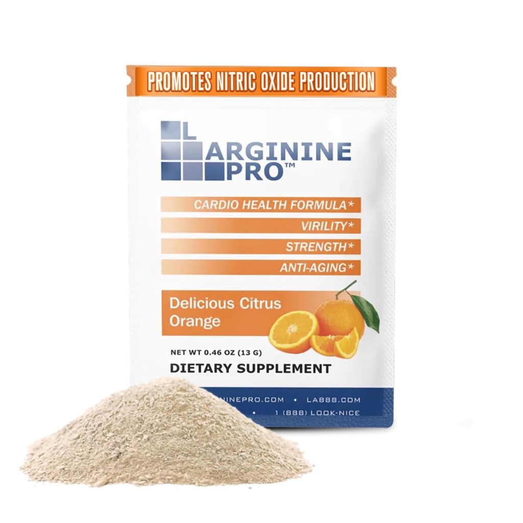 L-ARGININE PRO täydennysosa Powder ... 30 Packets Single serve Matkan koko ... 5500mg L-arginiinia Plus 1,100mg L-sitrulliini, oranssi