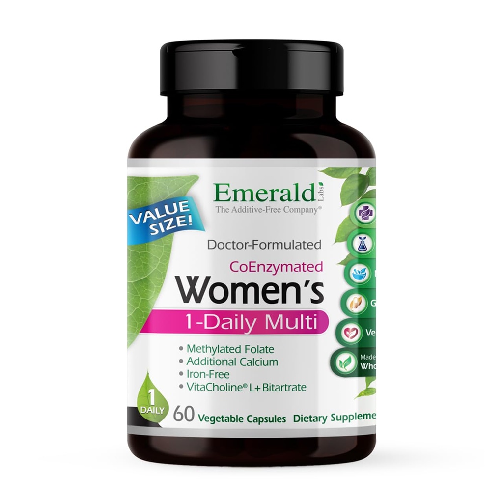 EMERALD LABS Naisten 1 päivän Multi-Monivitamiini naisille - Sisältää kalsiumia, sinkkiä, B-vitamiinia & enemmän - Luun ja immuunin tukilisä* - Gluteeniton - 60 kasvikapselia