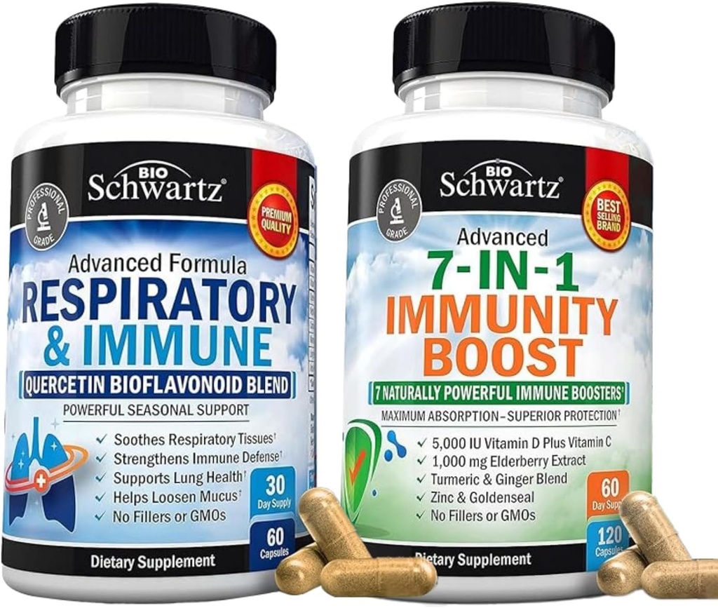 BioSchwartz hengitysteiden ja immuuni keuhkojen tuki täydentää Quercetin (1 kuukauden tarjonta) Plus 7 in 1 Immuno tuki täydentää antioksidantteja (2 kuukauden tarjonta)