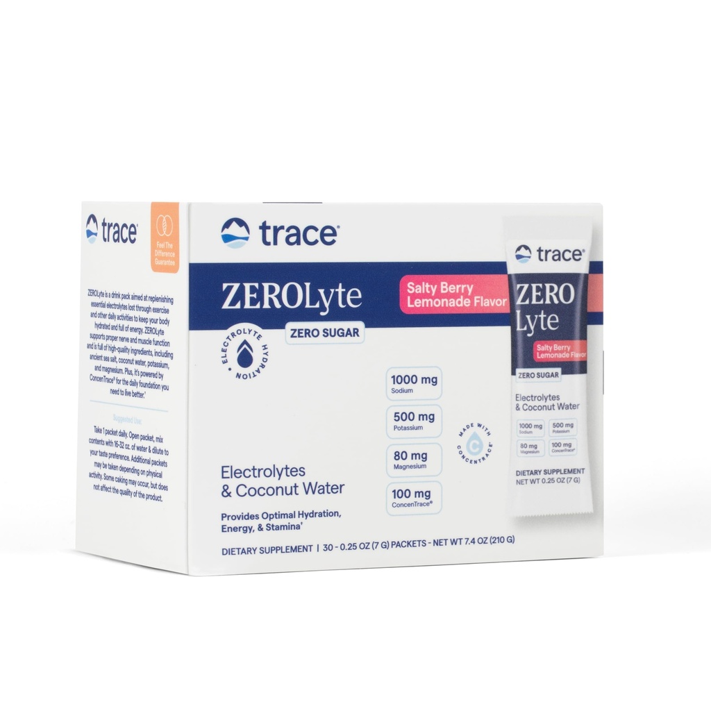 Trace Minerals ZeroLyte - Drink Mix Powder Supports Hydration & Energy - Aids Terve hermojen ja lihasten toiminta - Tuki sydämen ja ruokahalun terveys - suolainen karhunvatukka sitruuna, 30 Packets (30 tarjoilua)