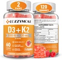 Sokeriton D3-vitamiini K2-vitamiinit, D-vitamiinin Gummie-lisä, 10000 IU + 200 mikrog D3- ja K2-lisät, maukkaat Gummy-vitamiinit, Bones-lihashampaiden tuki Immuuni, 60 annosta 120 namia, vadelma