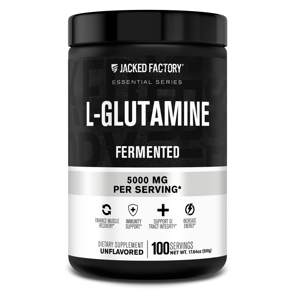 Jacked Factory L-Glutaminpulver 100 portioner - Vegan Fermented L Glutamine Supplement för Post Workout Muscle Recovery, Immunity, Digestive Health | Ingen artificiell filler - Osmakad