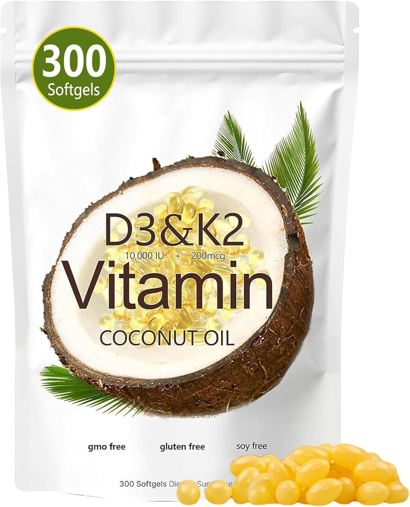 Vitamin D3 K2 Softgel, D3 K2 Vitamin 10000 IE, 10000 IE VIT D3 + 200 MCG Vitamin K2, fri från GMO, Gluten, Soja, Bone Health, stöder Calcium Absorption, 300 Gels