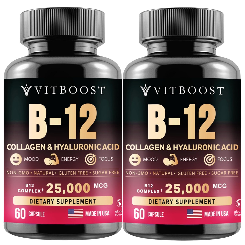 B12 Metyylikobalamiinia hyaluronihapon, kollageenin ja folaatin kanssa ... 25000 mikrog:n lisäravinne Imeytyminen ja energiatehostaminen... Gluteeniton, valmistettu Yhdysvalloissa, B1, B2, B3, B6, B7 Complex - pakkaus 2