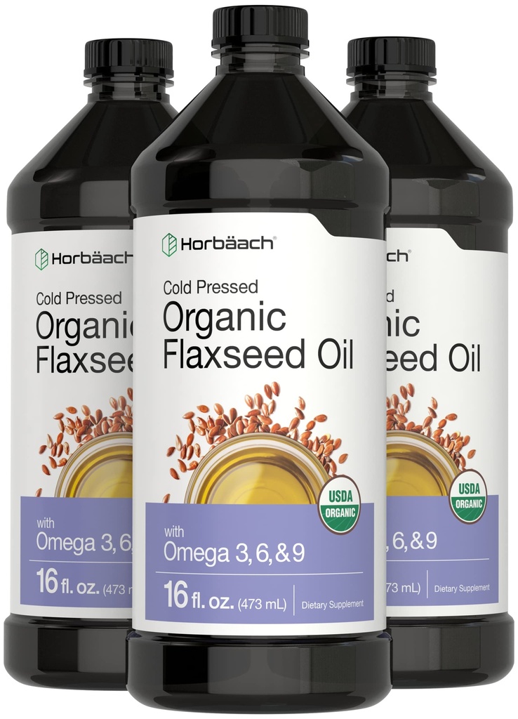 Horbäach Organic Pellavaöljy 3 pakkaus ... 16 fl oz Jokainen kylmäpuristettu Omega 3, 6, 9 ... Kasvisruoka, ei-GMO, gluteeniton neste