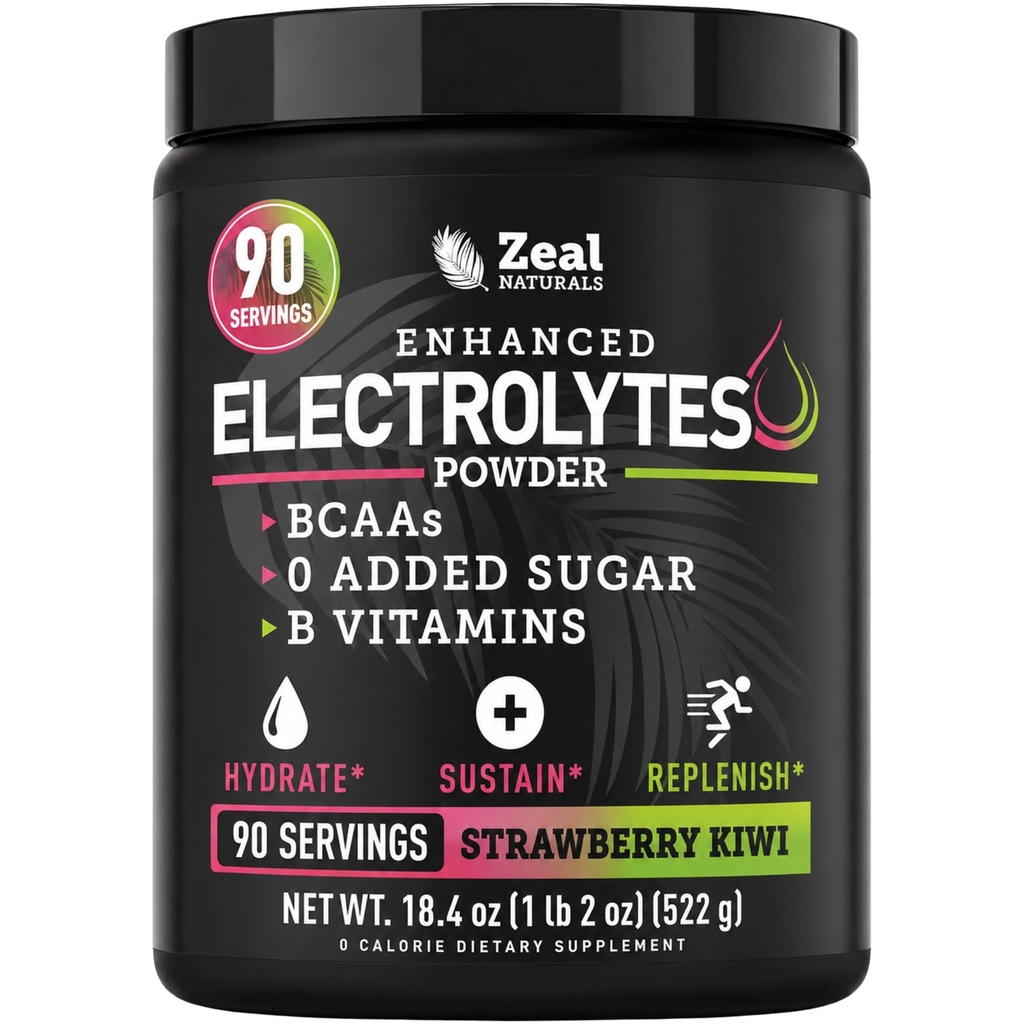 Zeal Naturals Electrolyte Powder Recovery Drink (90 tarjoilua - mansikkakiiivi) w 0 Sokeri + BCAAs + B-vitamiinit Elektrolyytti täydentää w Kaliumsinkki & magnesium for Hydration - Keto Electrolytes