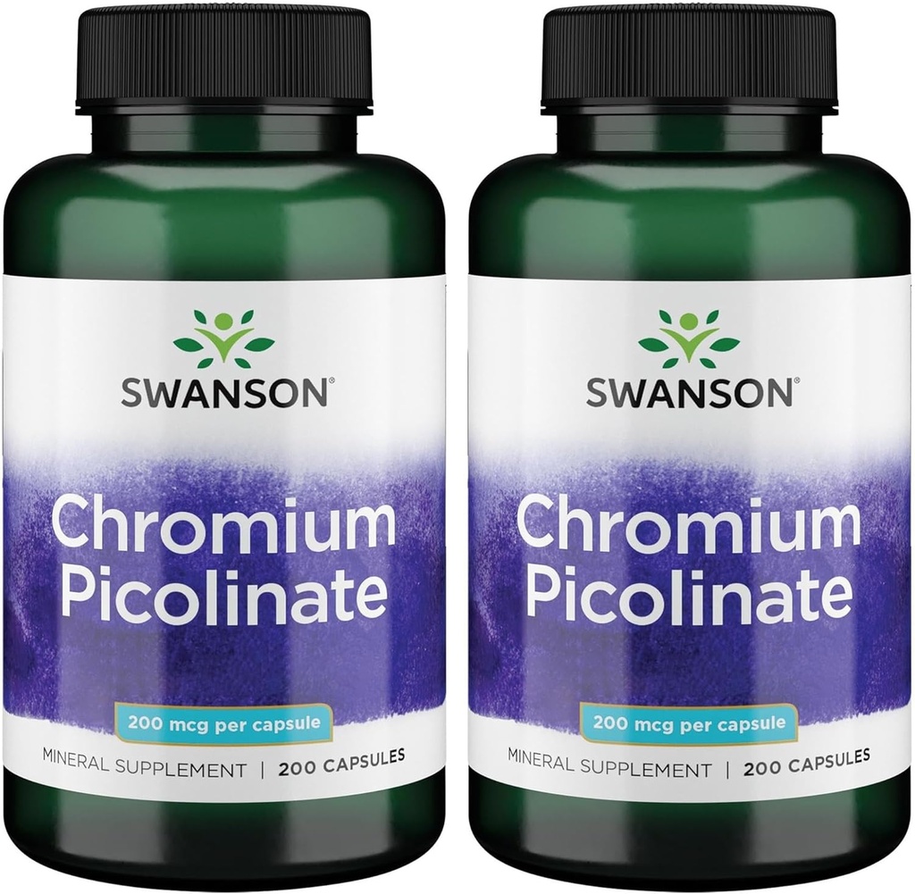 Swanson Kromi Picolinate - Natural Supplement Promoting Metabolia & Painonhallinta - Tukee Terve veren sokeritaso jo normaalin alueella - (200 kapselia, 200 mikrog Jokainen) 2 pakkaus