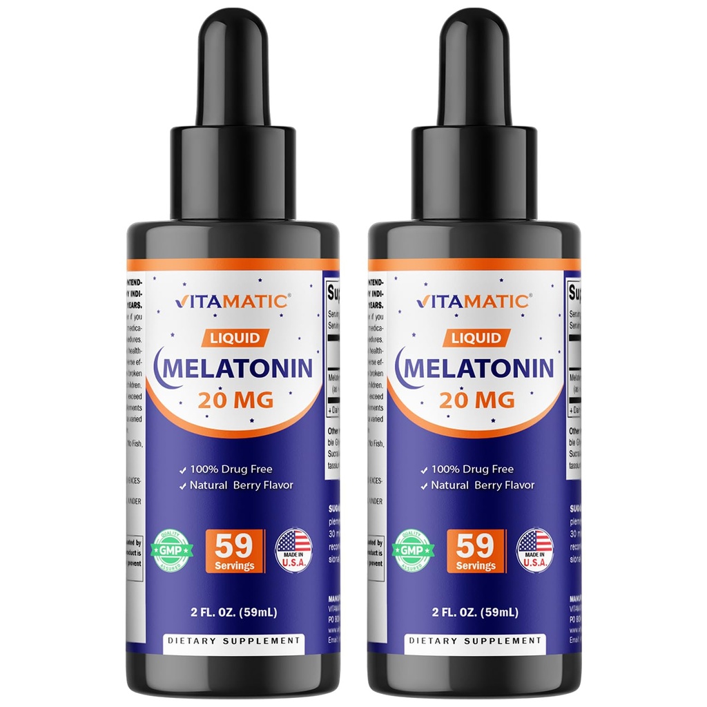 Vitamatic 2-Pack Melatoniini 20 mg Liquid Drops - 2 fl oz (59 ml) Each - Natural Berry Flavor - ei-GMO, kasvissyöjä täydentää aikuisille