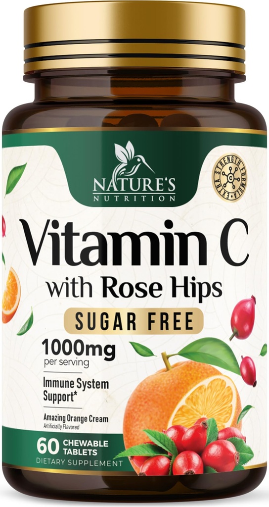 Vitamin C Chewable 1000mg - Extra styrka antioxidanter för kraftfull immunstöd w / vitamin C & Rose HIPS - Potent Dietary VIT C Chews Supplement, naturlig orange smak, Vegan, icke-GMO - 60 tabletter