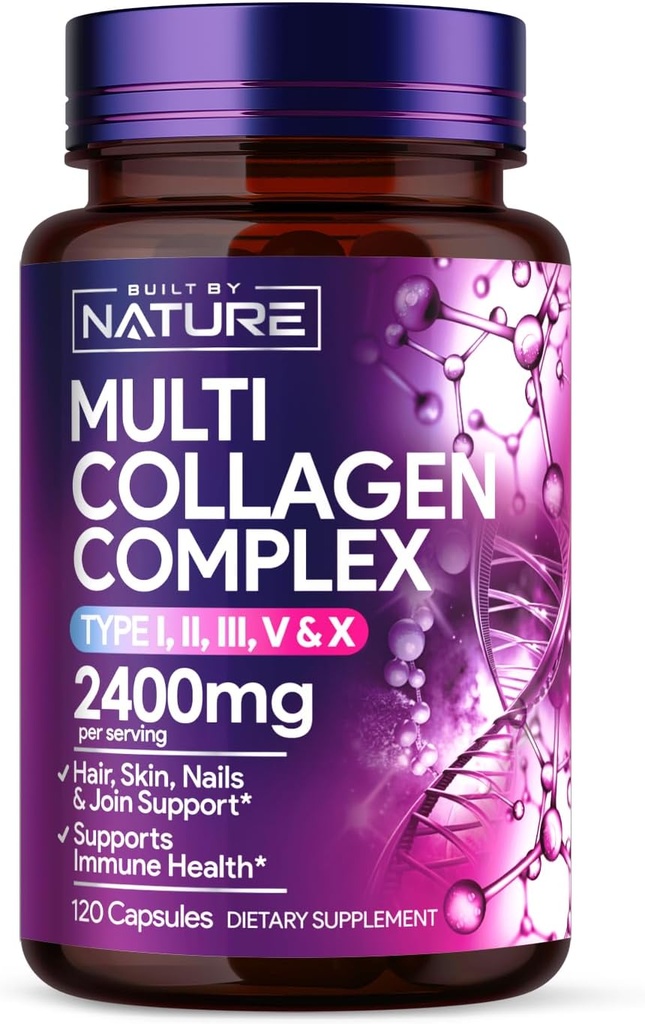 Rakennettu Nature Collagen pillereitä . Multi Collagen Peptides Complex täydentää naisille tyyppi I, II, III, V, X hiukset, iho, kynnet, nivelet ja luunterveys - Hydrolysoitu, Grass-Fed - 120 kapselia