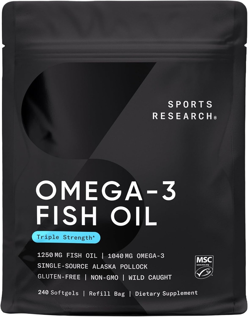 Sports Research Triple Strength Omega 3 Fish Oil - Burpless Fish Oil Supplement w/EPA & DHA Rasvahapot Wild Alaskan Pollock - Sydän, aivot ja immuuni tuki miehille & naisille - 1250 mg, 240 ist