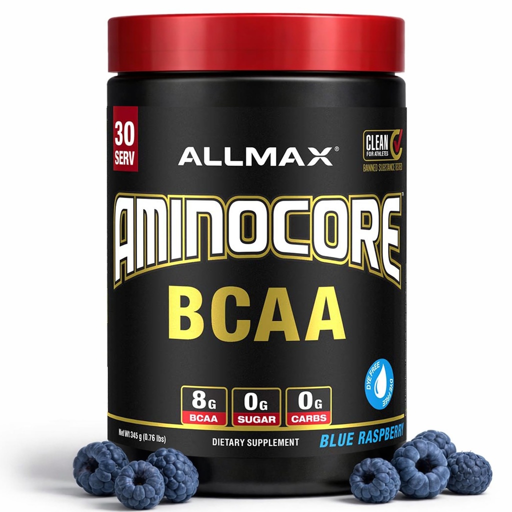 ALLMAX Nutrition AMINOCORE BCAA ... 8G BCAAs... 100% Pure Branch Chained amino Acids.. Gluteeniton - Sininen vadelma - 315 Gram