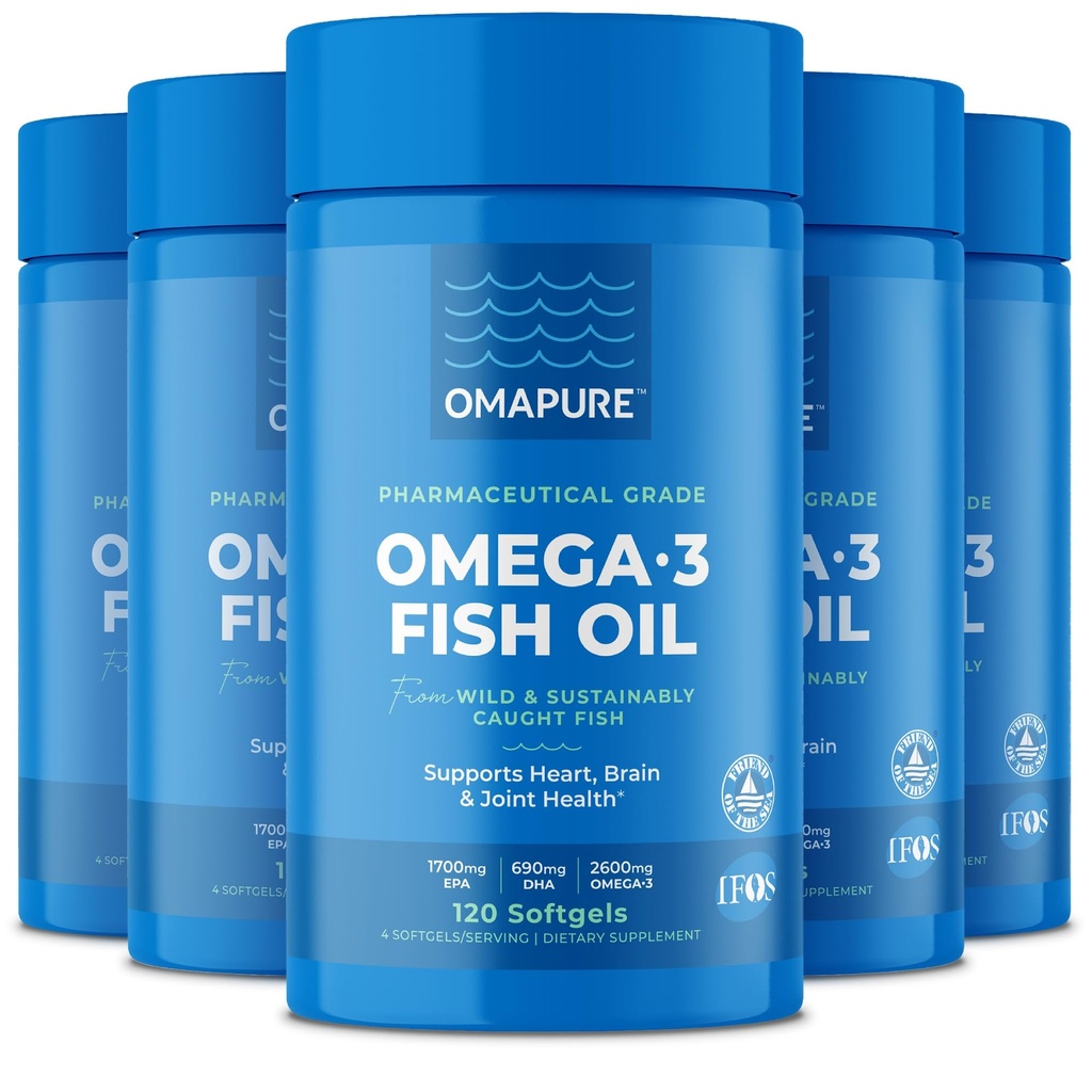 Fish Oil lisäravinteet Omega 3 rasvahapot (5 pullo, 120 Softgels) - Korkea EPA, DHA, & IFOS kalaöljy pillereitä Tuki Heart & Joint Health - Burpless Fish Oil edistää aivotoimintaa