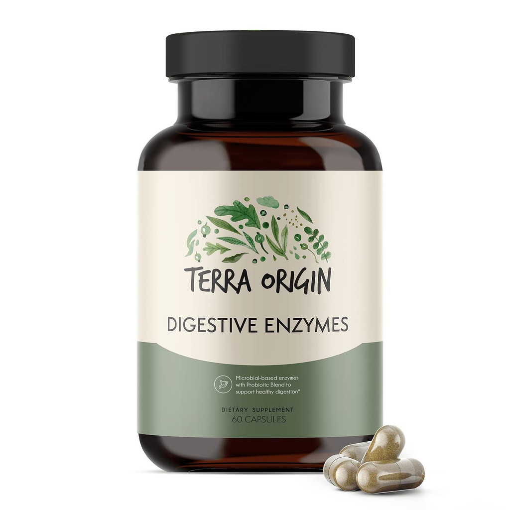 TERRA ORIGIN Digestive Enzymes med Probiotics & Prebiotika | 60 kapslar | Stöder Digestive Gut Health | Non GMO, Gluten Free, Vegan | för kvinnor och män
