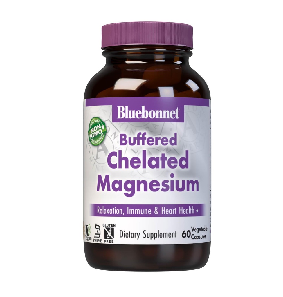 Bluebonnet Nutrition Albion Buffered Chelated Magnesium 200 mg, Magnesium Oxide, Stress Relief, Vegan, Non GMO, Gluten Free, Soy Free, Milk Free, Kosher, 60 Vegetable Capsules, 1 månads leverans
