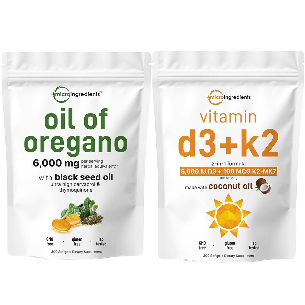 Micro Ingredients Oil of Oregano Softgels 6000 mg Per Serving & Vitamiini D3 5000 IU Plus K2 (MK-7) 100 mikrog, 300 Virgin Coconut Oil Softgels Bundle Pack ... 4X Vahvuus Carvacrol & Thymoquinon
