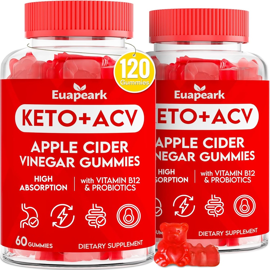 Apple Siideri Viinietikka Gummies, Keto ACV Gummies with Probiotics, Vitamiini B12 & Keto Support, 2000 mg ACV with Mother for Digestion, Metabolia, Cleanse & Detox Diet, Vegan, Low Sugar, 120 Counts