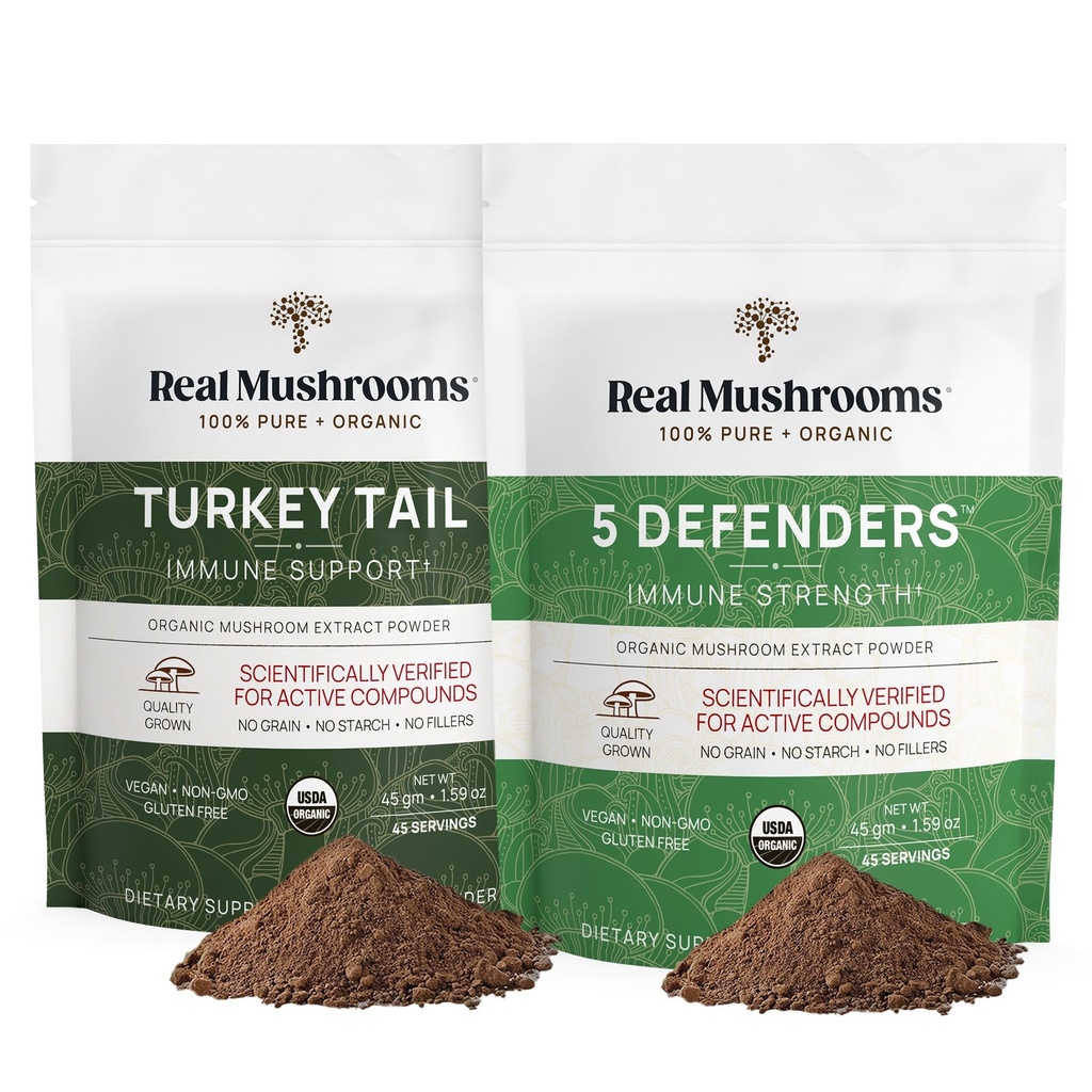 Real Mushrooms Turkey Tail (45g) och 5 Defenders (45g) Mushroom Extract Powder Bundle - Mushroom Supplement för Immune Strength - Vegan, icke-GMO Immunity Supplement