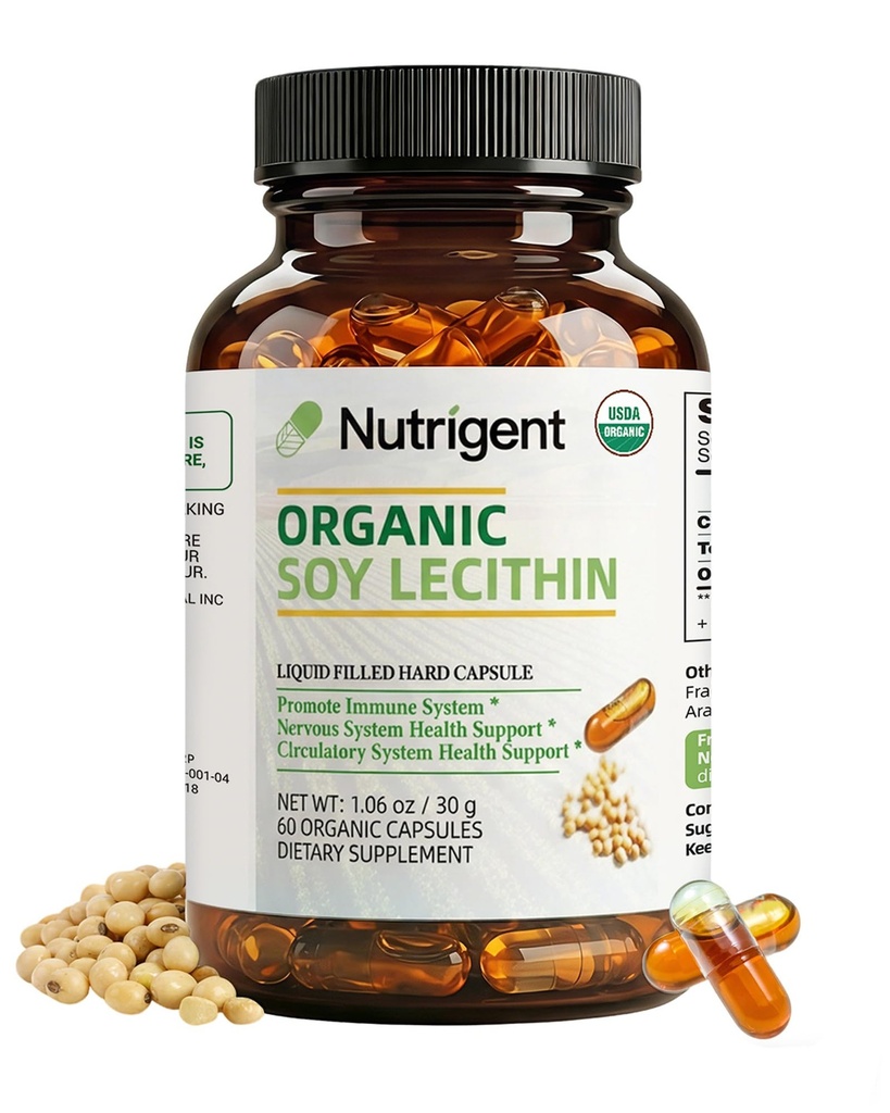 USDA Organic Soy Lecithin Supplement 800 mg, suuri imeytyvä nestemäinen orgaaninen kapseli, koliinilesitiini Supplement Brain & Liver Health Support, Ei-GMO, Gluteeniton, 60