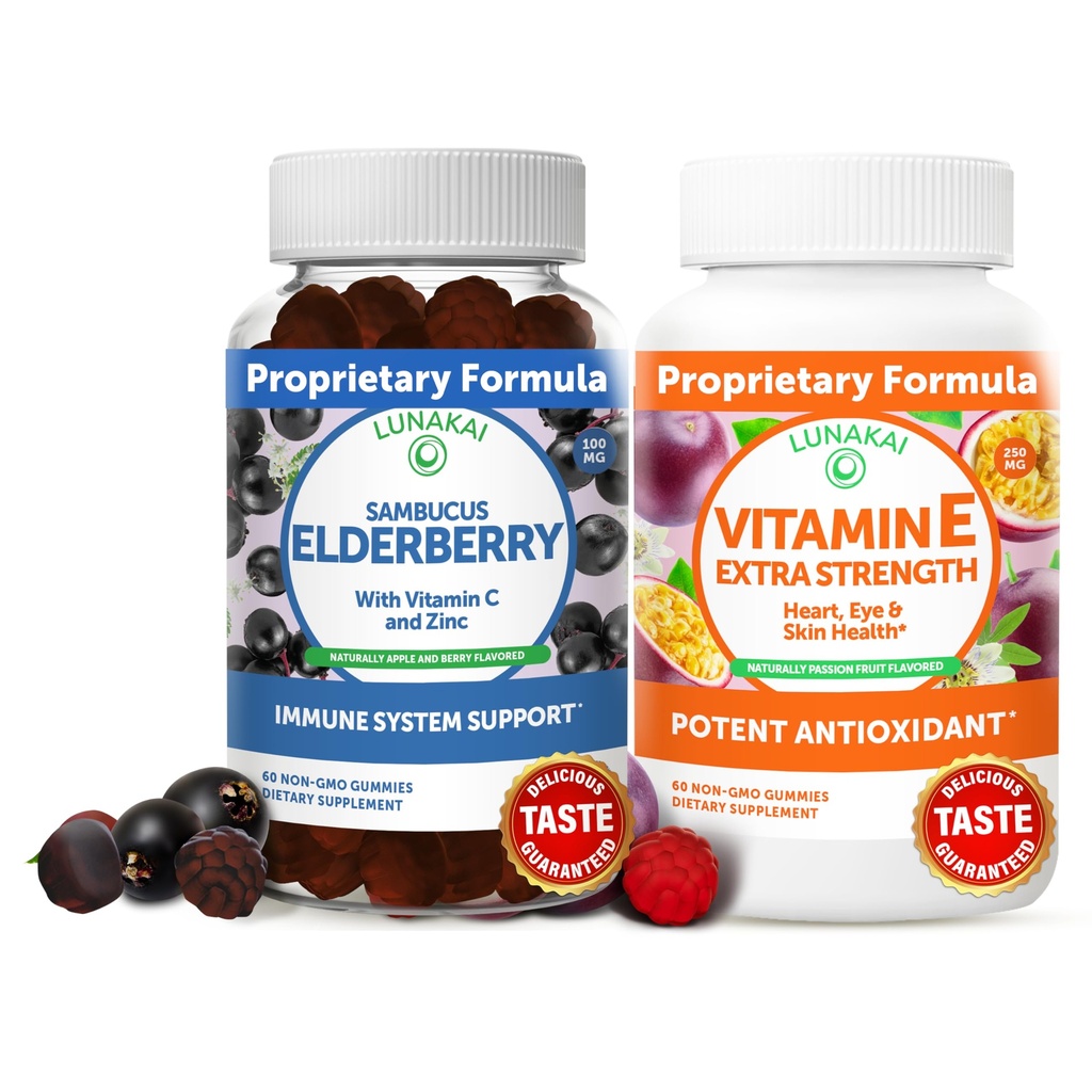 Lunakai Elderberry ja E-vitamiini Gummies Bundle - Immuuni tuki täydentää sinkkiä ja C-vitamiinia Plus 1000iu Natural VIT E Gummy silmät ja ihon terveys