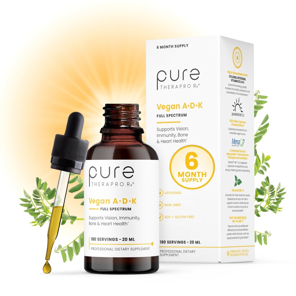 Pure TheraPro Rx Vegan A-D- K Drops-6 Mon Supply- Vitamin A(palmitaatti & betakaroteeni),liposomaalinen D3-vitamiini(vegan kolekalsiferoli),liposomaalinen K2(MK-4 & MK-7) Tuet Immuniteetti & Bone Health-20mL