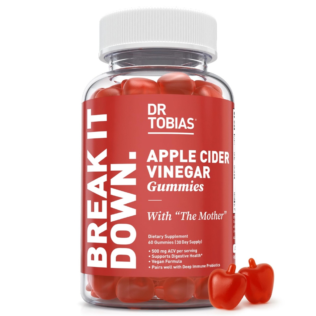Tobias Apple Siideri Viinietikka Gummies with The Mother, 500 mg ACV per Serving, Plus Folate, B6, B12 & Jodi, tukee Ruoansulatuskanavan terveys, Gut Cleanse & Detox, Vegan, 60 Gummies