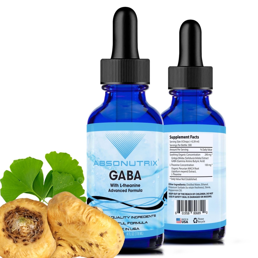 Absonutrix GABA L-Theanine 290 mg, 4 Oz Liquid, 300 Servings, Valmistettu Yhdysvalloissa, Nopea imeytyminen, Quality Potent Ingredients, Ei-GMO, GMP Certified Facility, Julmia tuotteita