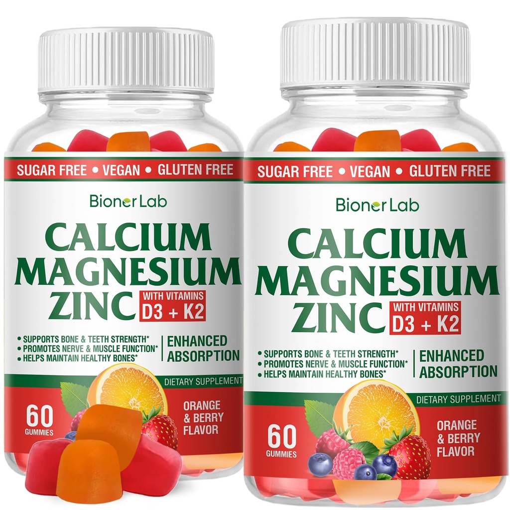 BionerLab Kalsium Magnesium Sinkki Gummies D3-vitamiinia ja K2-vitamiinia - Korkea teho tehostettu imeytyminen - Oranssi ja marja maku