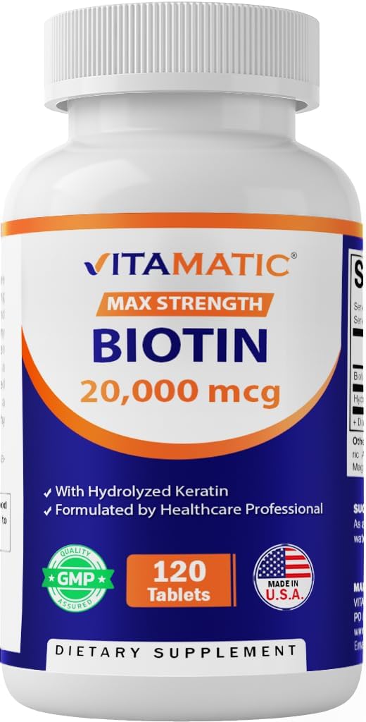 Vitamatic High Potency Biotin 20000 mcg (20mg) med Keratin 100mg - 120 Vegetariska tabletter - Biotin Supplements for Healthy Hair Skin & Nails for Adults (120 Count (Pack of 1))