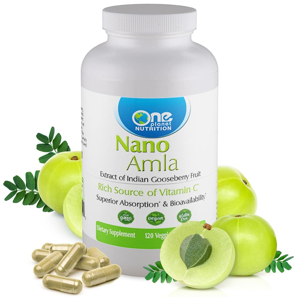 One Planet Nutrition Nano Amla 500 mg Kasviskapselit (120 tarjoilua), Amla Fruit Extract, korkea C-vitamiini Collagen Production & Immuno Support, Ei-GMO, Vegan, Gluteenittomat
